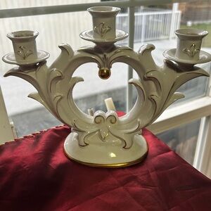 Antique S.C.I. Laveno ceramic candelabra- beautiful glaze with gold edging
